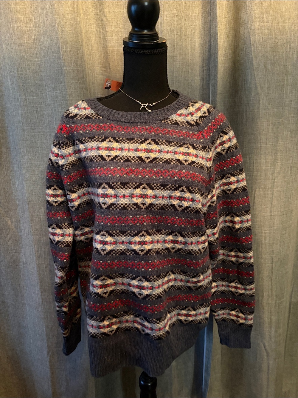 J. Crew Men's Crewneck Fair Isle Sweater - Gray & Red